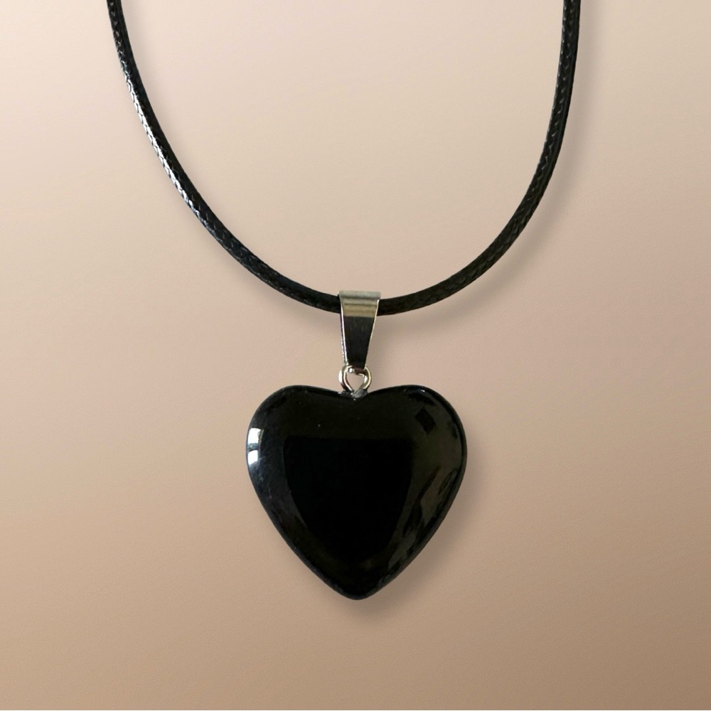 ⭐️ 5 for $25 Black Heart Shaped Crystal Glass Pendant Necklace on Black Cord